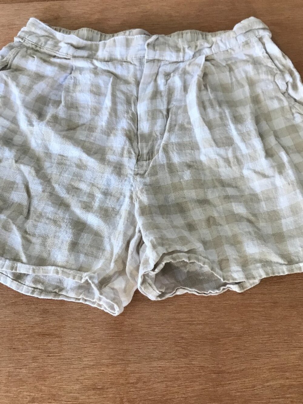 Laura Ashley Paperbag 100% Linen Shorts Women S Beige Gingham Checkered Pocket